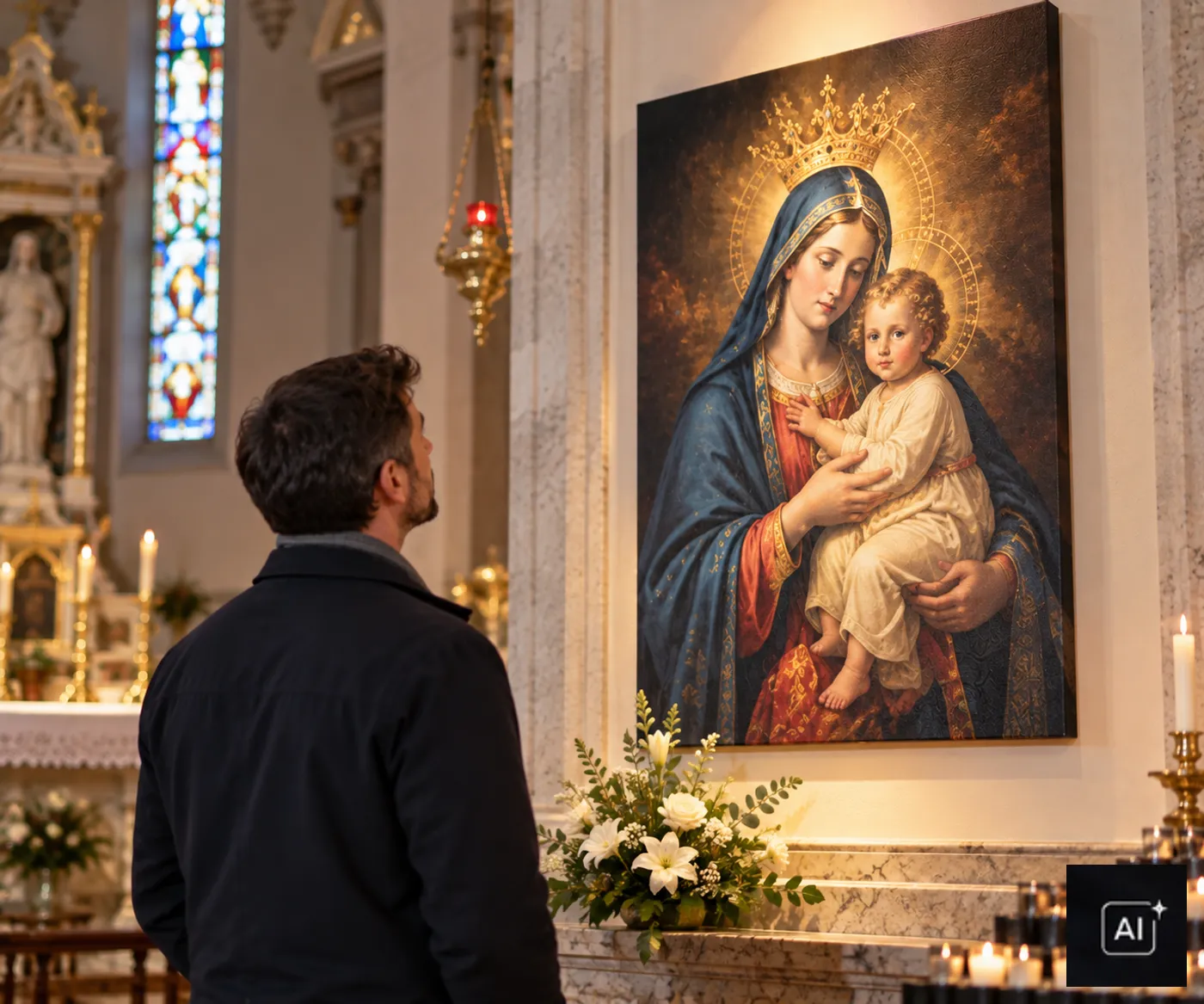 Un fedele contempla una riproduzione fine art in chiesa